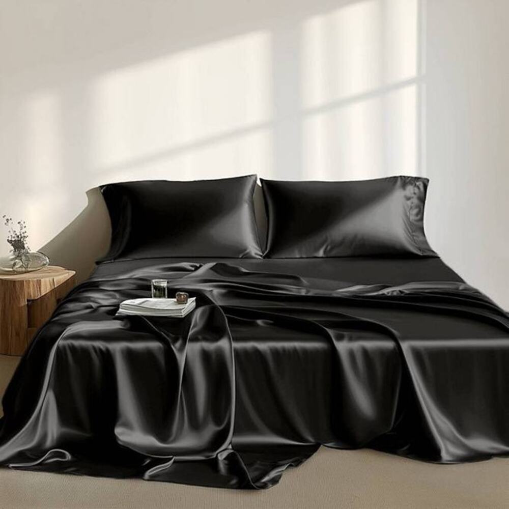 NEW! Queen Madison Park Essentials Satin Luxury Solid Sheet 6PC Set Black